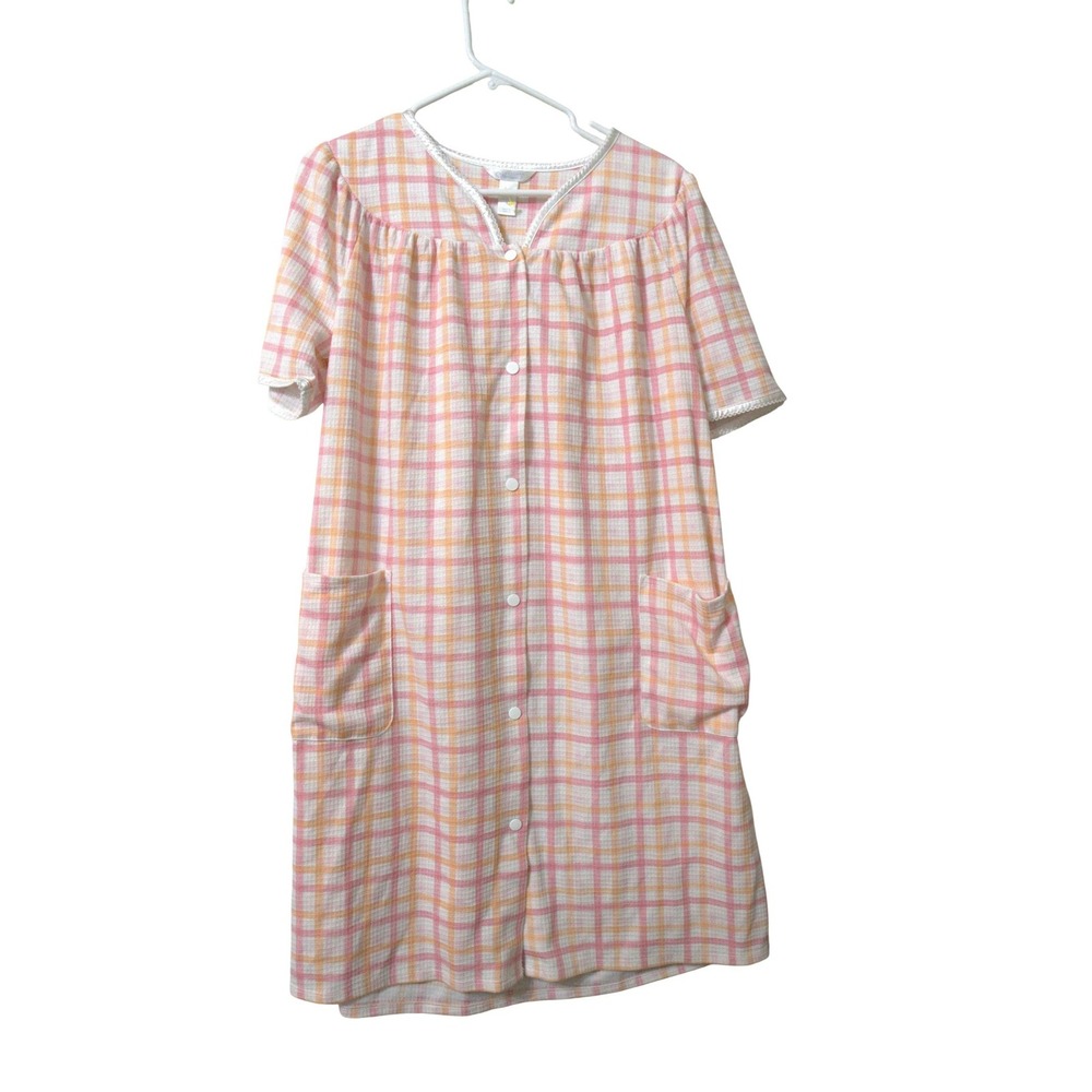 Adonna Womens Pink Orange Plaid Seersucker Nightgown Housecoat Small satin edge
